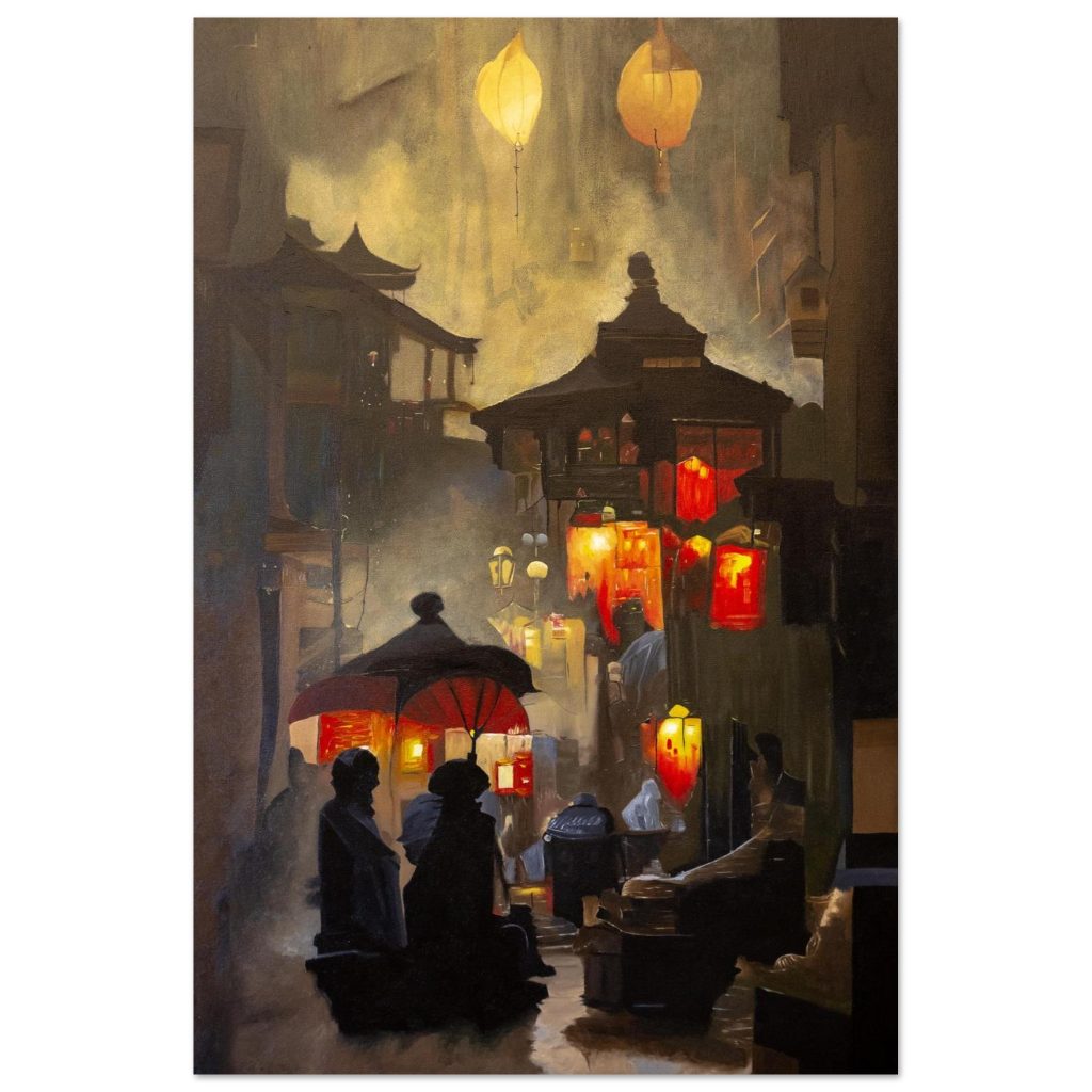 Tableau aluminium Ruelle de lumières par Sev, art urbain contemporain et jeu de lumières nocturnes