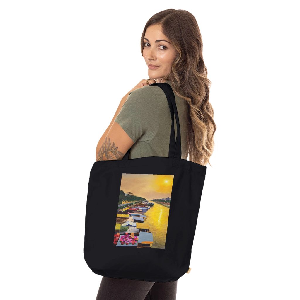 Sac fourre-tout bio Éveil sur le marché flottant, tote bag design artistique