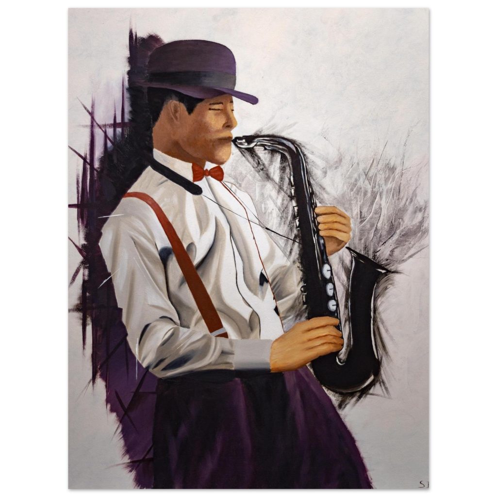 Tableau aluminium Éclats de musique par Sev, saxophoniste en jazz sur support métallique moderne