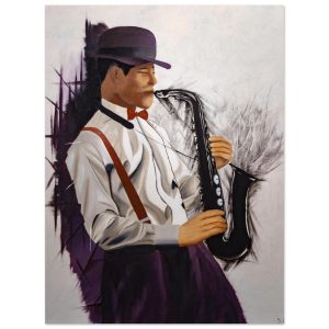 Tableau aluminium Éclats de musique par Sev, saxophoniste en jazz sur support métallique moderne