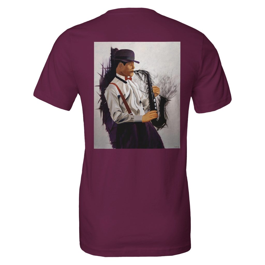 T-shirt unisexe Éclats de musique par Sev, motif artistique inspiré du saxophoniste et des vibrations musicales