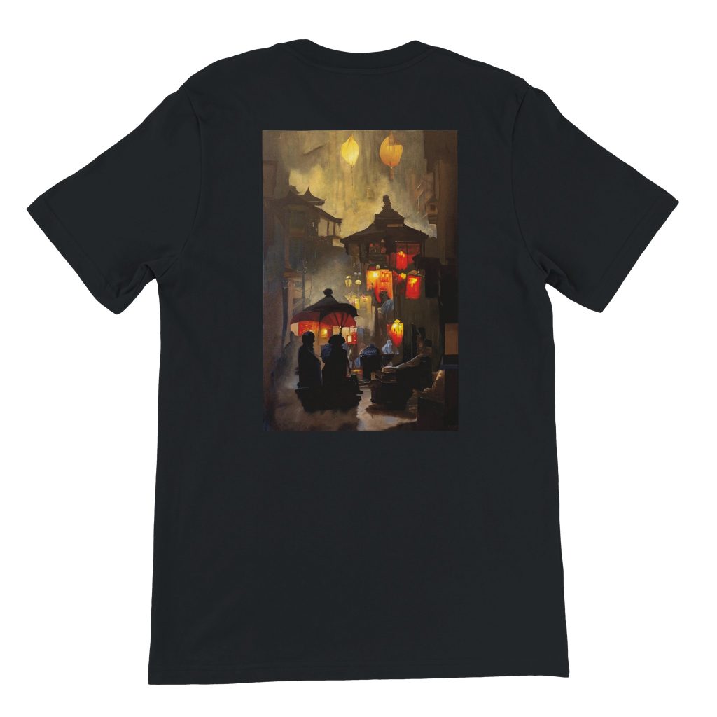 T-shirt unisexe Ruelle de lumières par Sev, motif artistique représentant des ruelles illuminées et poétiques