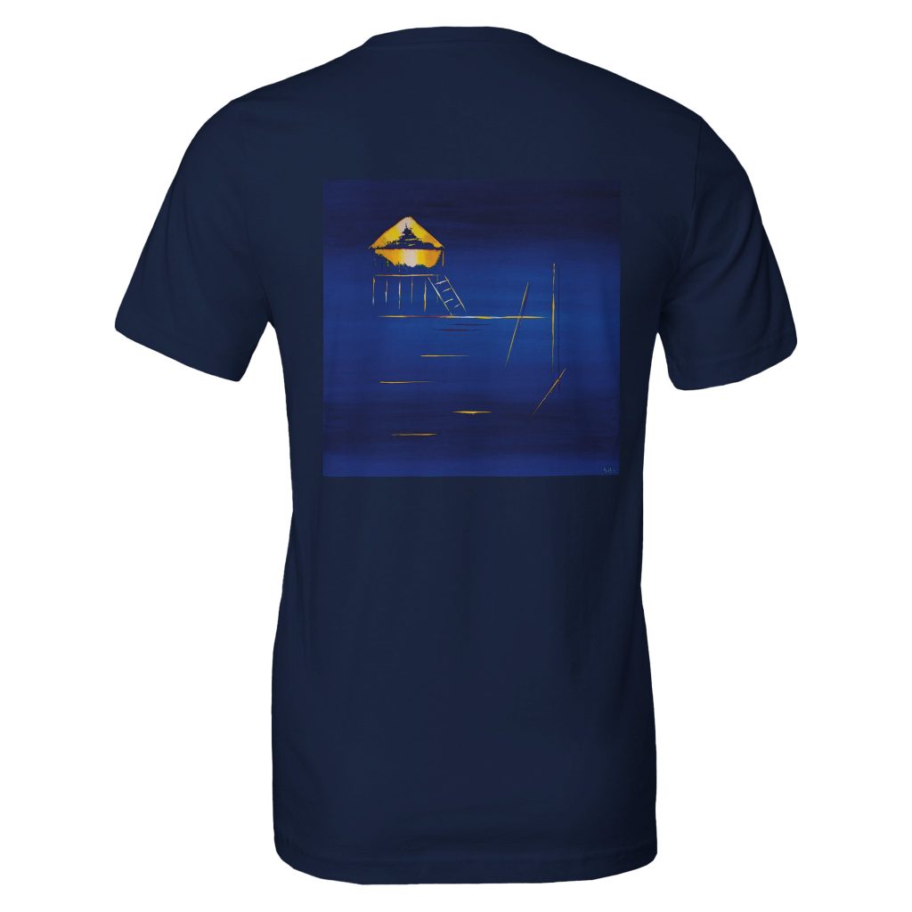 T-shirt unisexe Cabane Tchanquée – Minimalisme Atlantique par Sev, motif artistique représentant une cabane sur pilotis au bord de l’océan