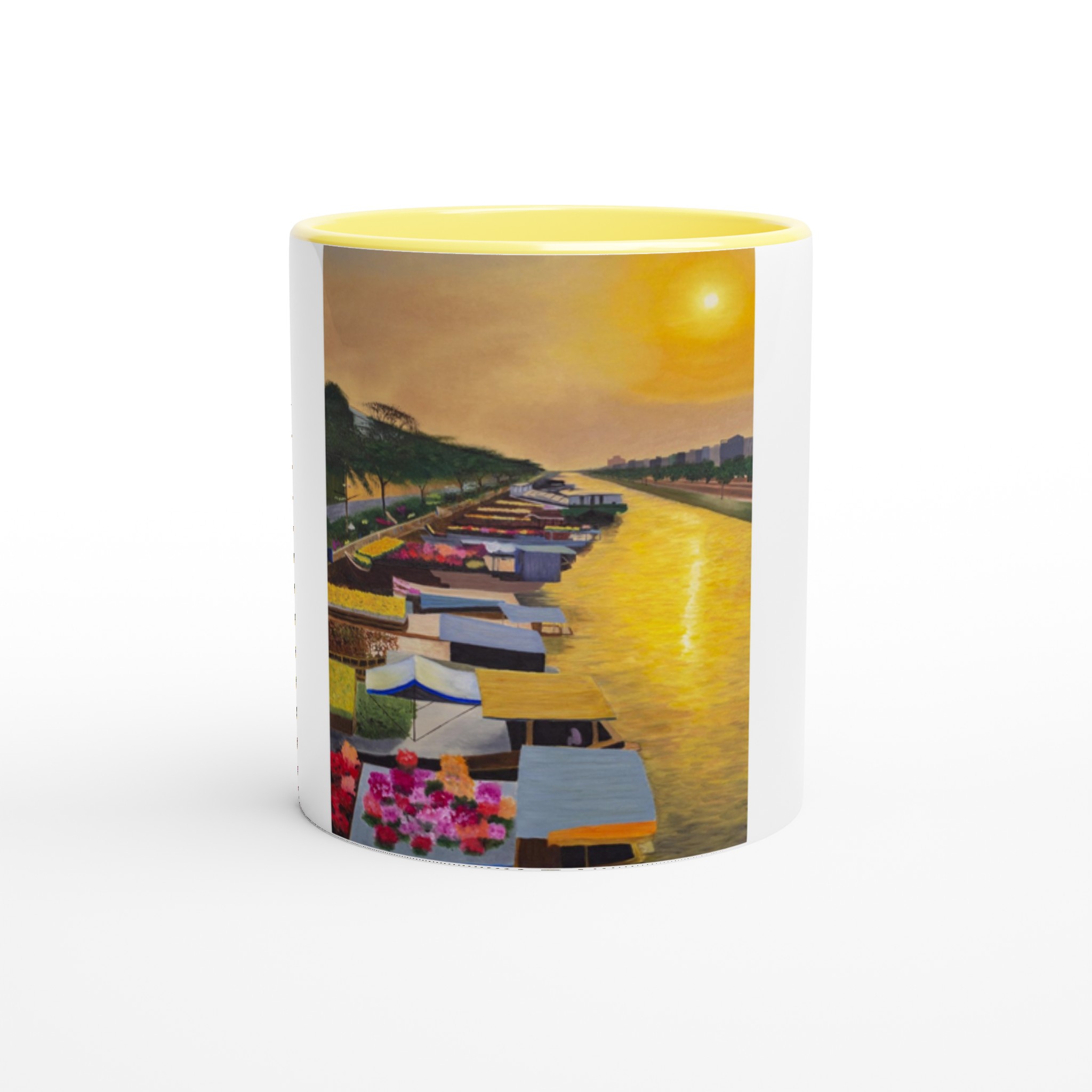 Mug céramique Éveil sur le marché flottant, tasse design artistique avec intérieur coloré