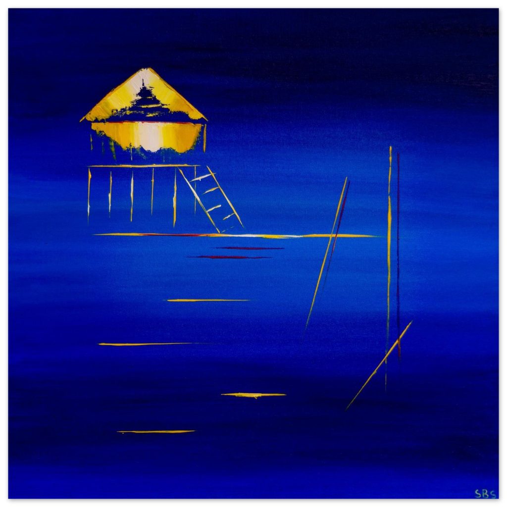 Tableau aluminium Cabane Tchanquée – Minimalisme Atlantique par Sev, art contemporain inspiré du Bassin d’Arcachon