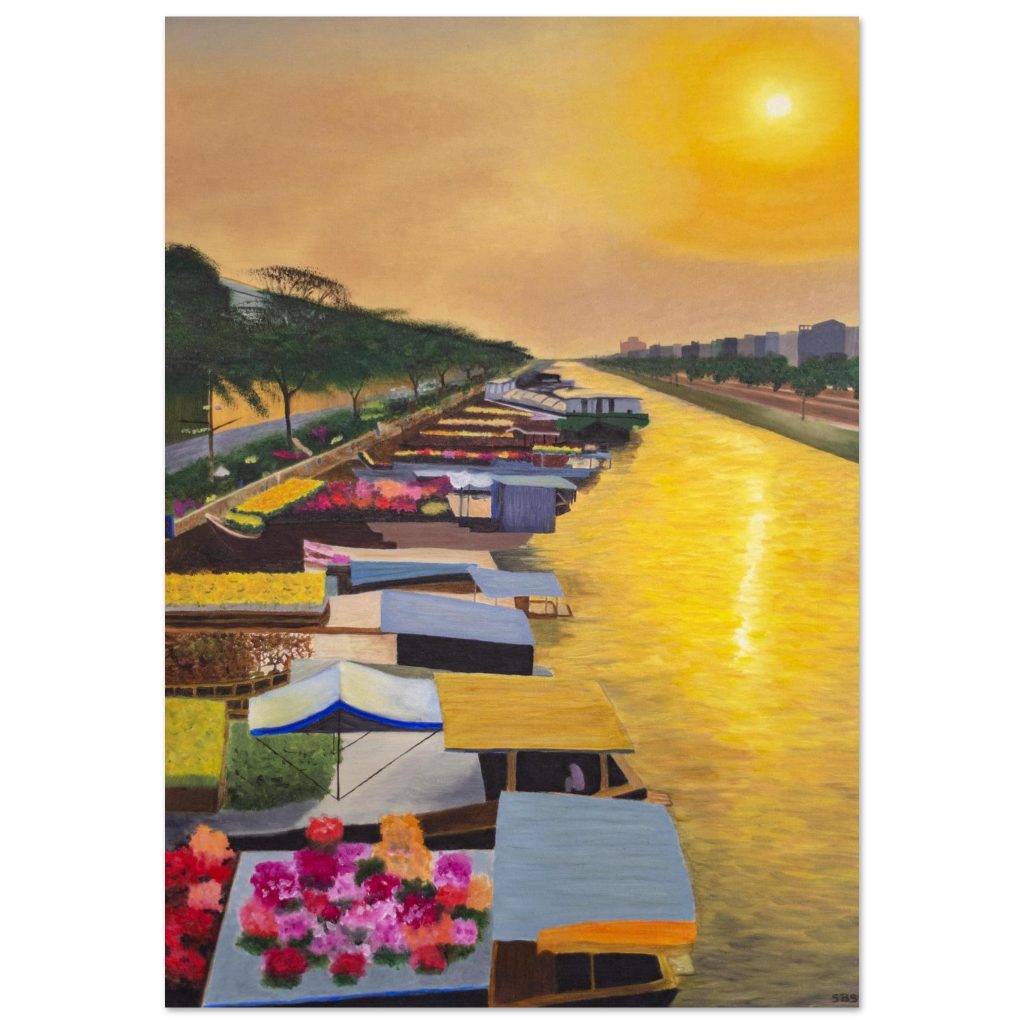 Tableau aluminium Éveil sur le marché flottant par Sev, scène asiatique au lever du jour sur support métallique brillant