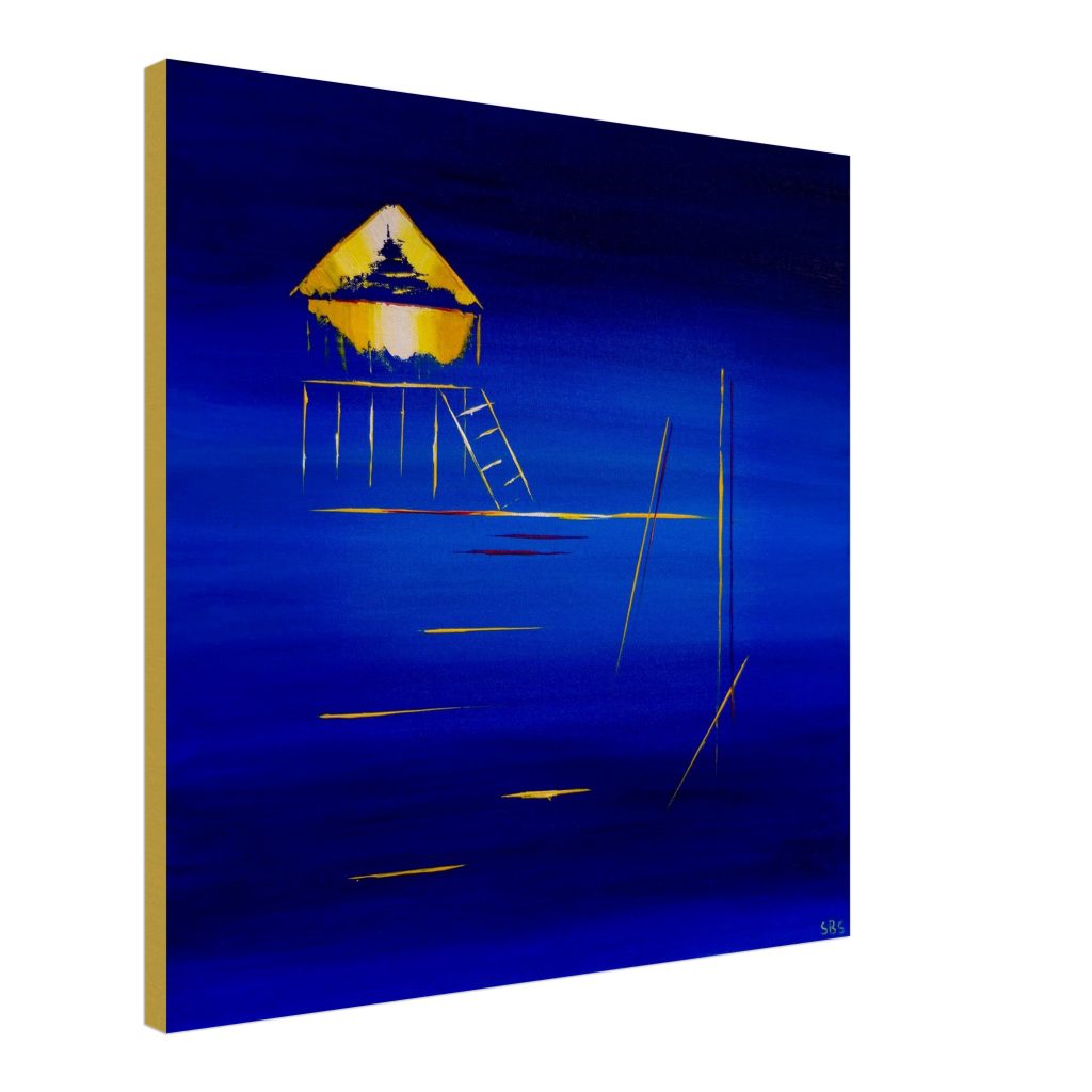 Toile imprimée Cabane Tchanquée – Minimalisme Atlantique par Sev, art minimaliste inspiré du Bassin d’Arcachon