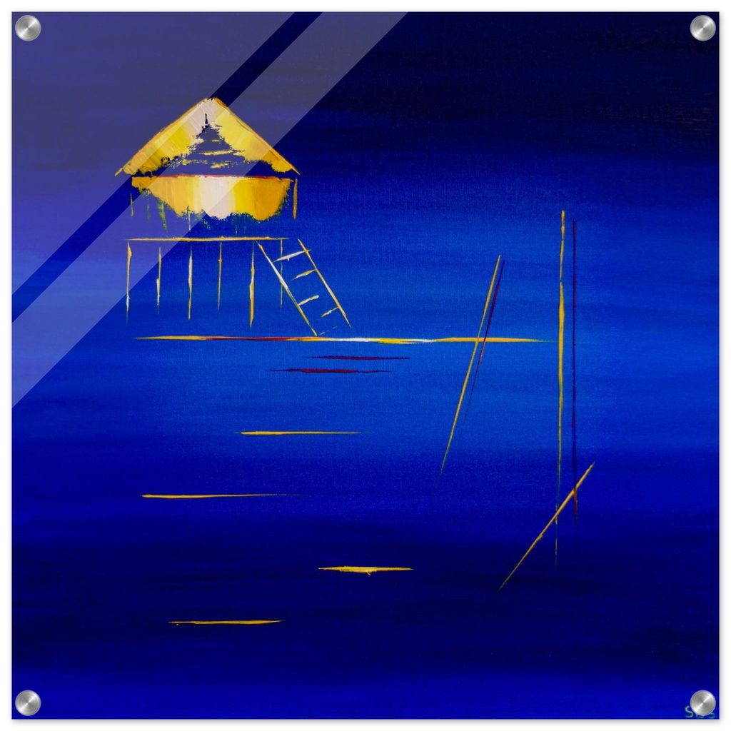 Tableau Plexiglas Cabane Tchanquée – Minimalisme Atlantique par Sev, art minimaliste lumineux et immersif