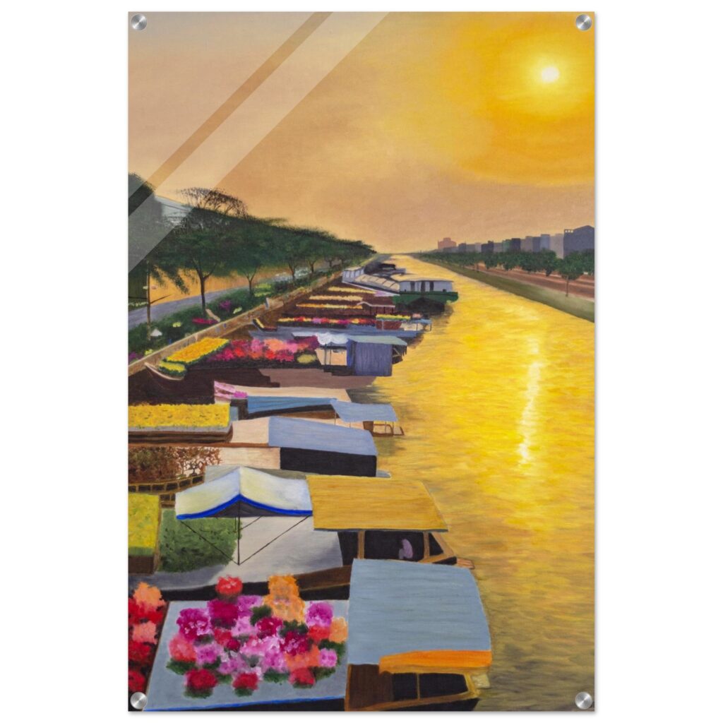 Tableau Plexiglas Éveil sur le marché flottant par Sev, art contemporain lumineux et poétique