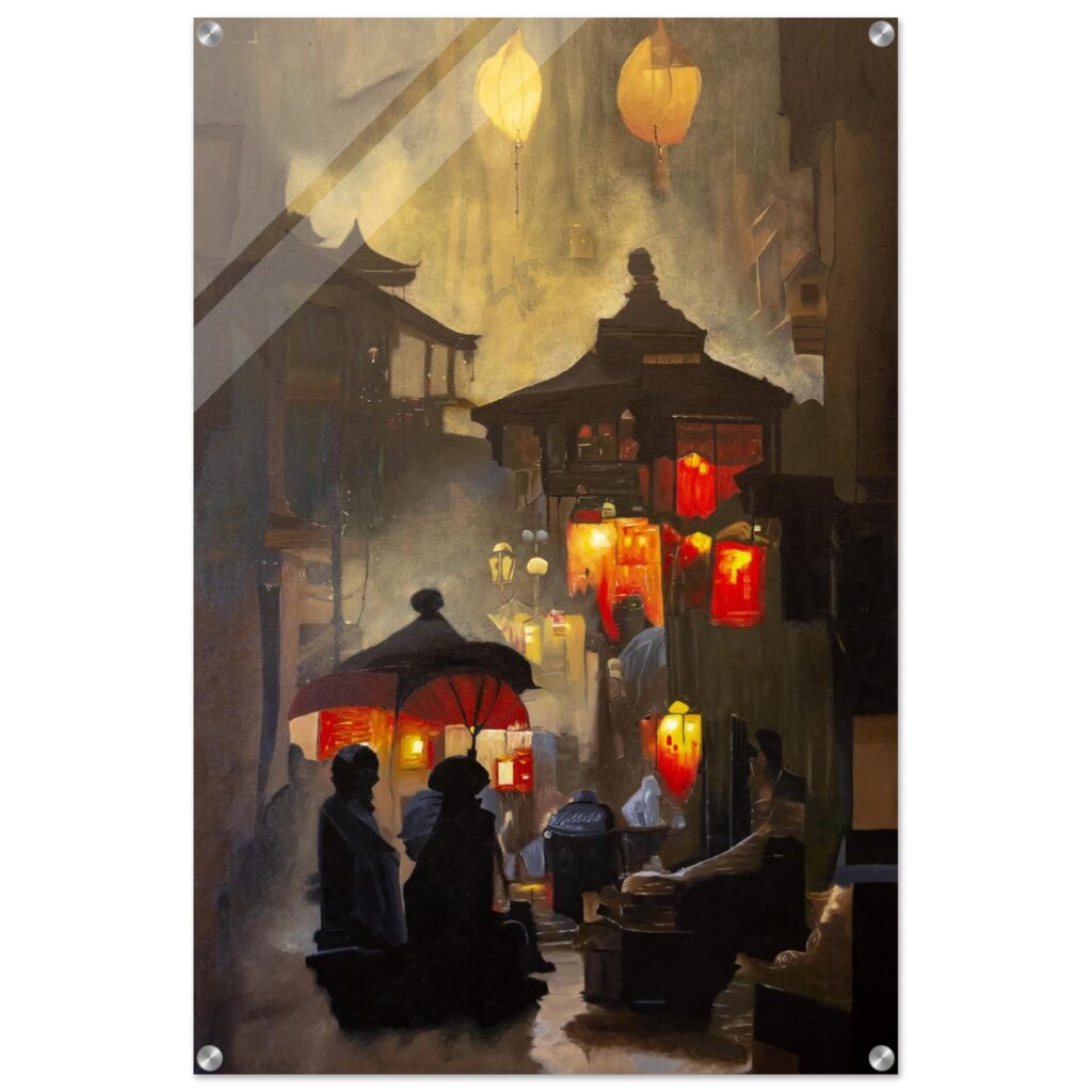 Tableau Plexiglas Ruelle de lumières par Sev, art contemporain urbain et lumineux