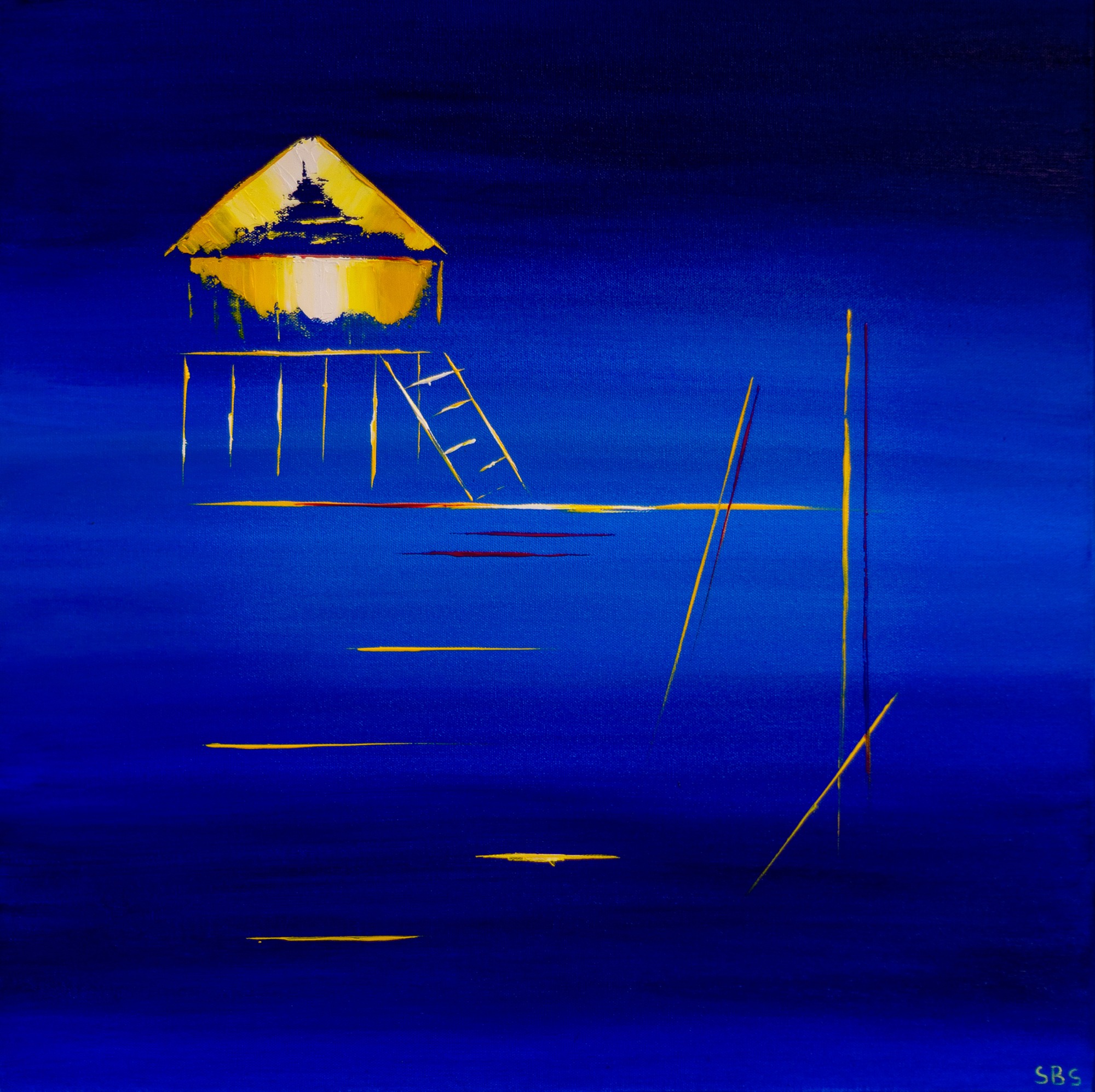 Tableau Cabane Tchanquée – peinture minimaliste du Bassin d’Arcachon avec cabane jaune sur pilotis