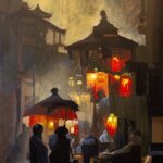 Tableau Ruelle de Lumières : ruelle ancienne baignée par la lumière chaude des lanternes, peinture à l’huile inspirée de la Chine, ambiance feutrée et intime.