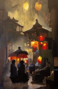 Tableau Ruelle de Lumières : ruelle ancienne baignée par la lumière chaude des lanternes, peinture à l’huile inspirée de la Chine, ambiance feutrée et intime.