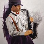 Eclats de musique – tableau saxophoniste - ambiance jazz avec saxophone, homme et chapeau, peinture originale