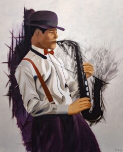 Eclats de musique – tableau saxophoniste - ambiance jazz avec saxophone, homme et chapeau, peinture originale