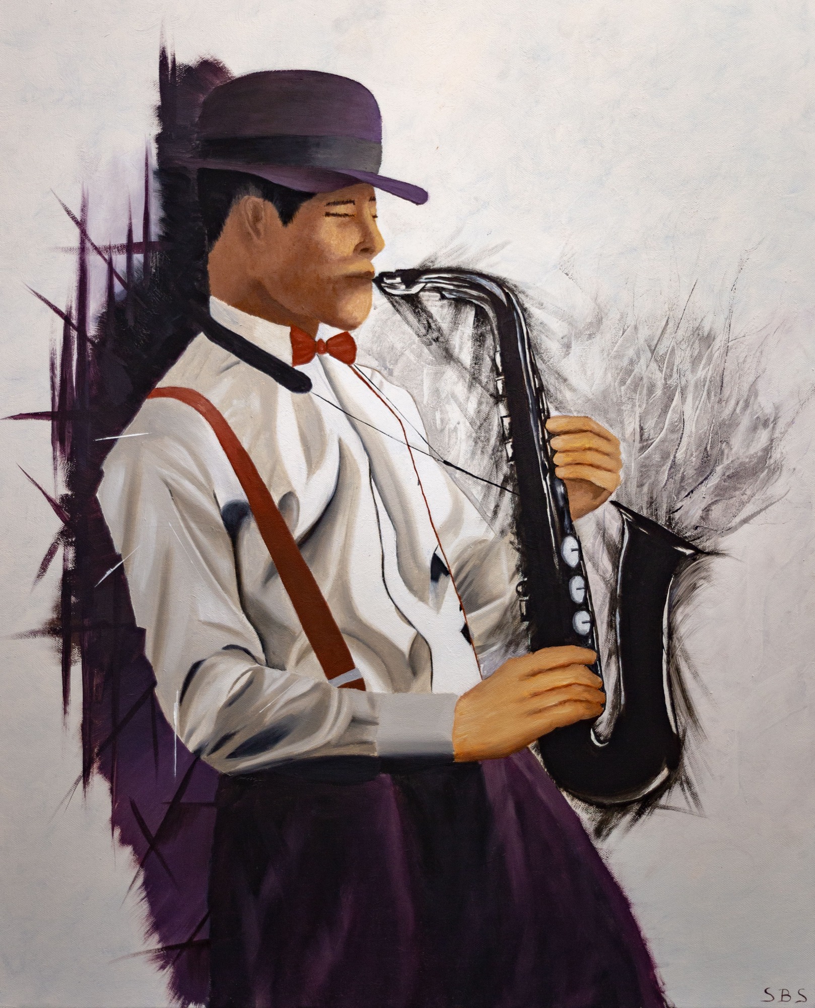 Eclats de musique – tableau saxophoniste - ambiance jazz avec saxophone, homme et chapeau, peinture originale