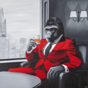 Peinture contemporaine d’un gorille majestueux représentant la puissance et l’instinct animal, œuvre originale de l’artiste Art by Sev